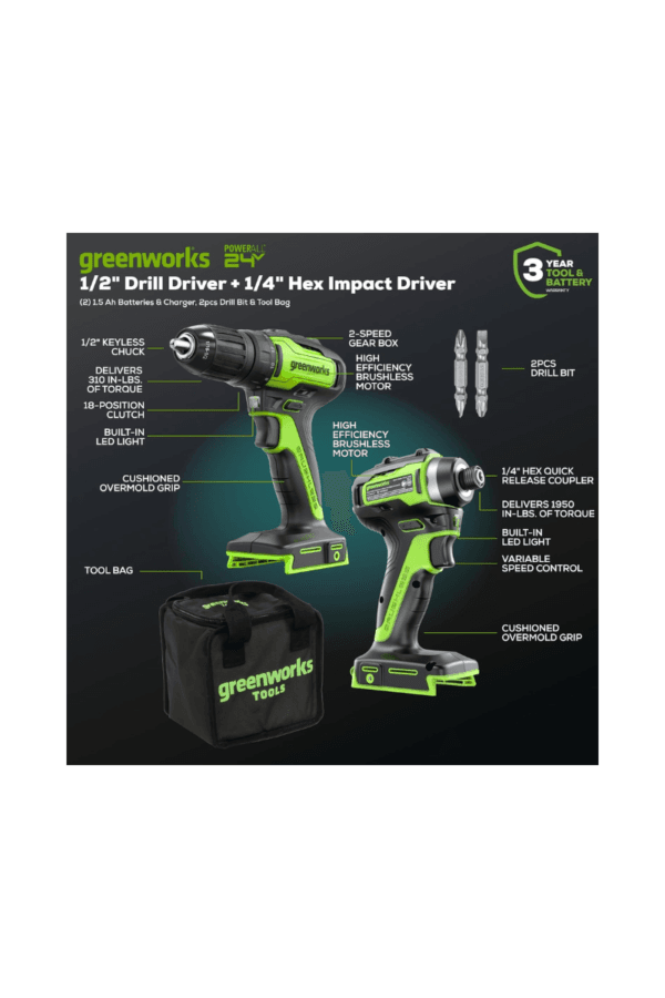 TALADRO + DESATORNILLADOR DE IMPACTO INALÁMBRICO SIN ESCOBILLAS 24 V GREENWORKS